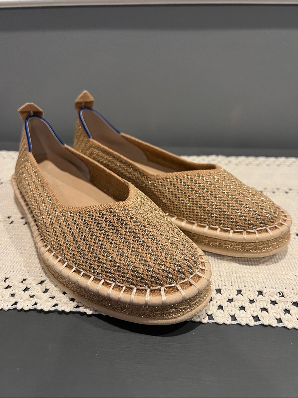 Rothy's Metallic Tan Woven Espadrille Flats